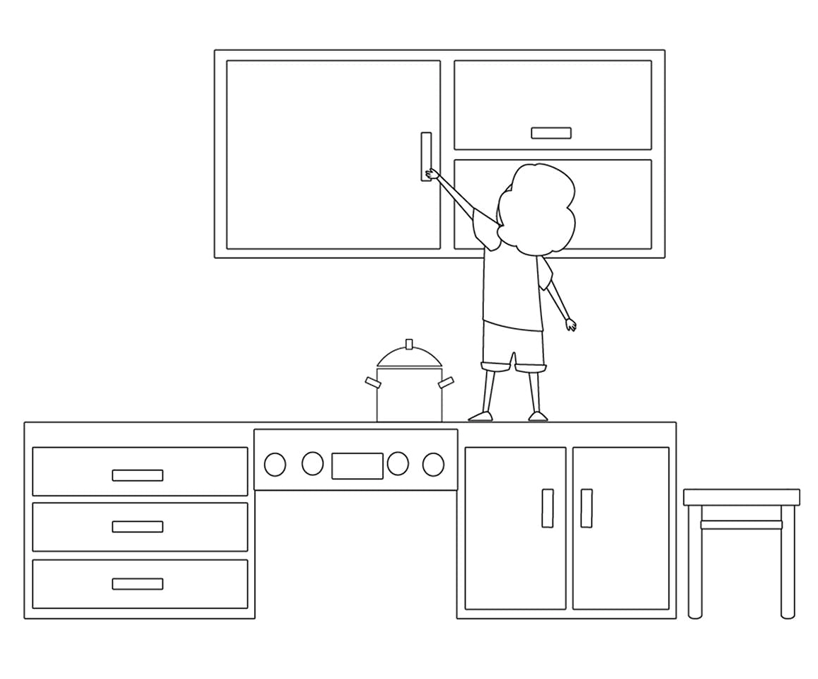 Tranh tô màu cái tủ trong nhà bếp sinh động