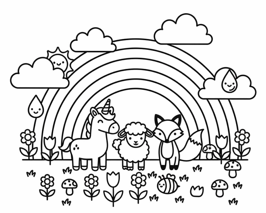 Tranh tô màu cầu vồng cùng động vật vui nhộn