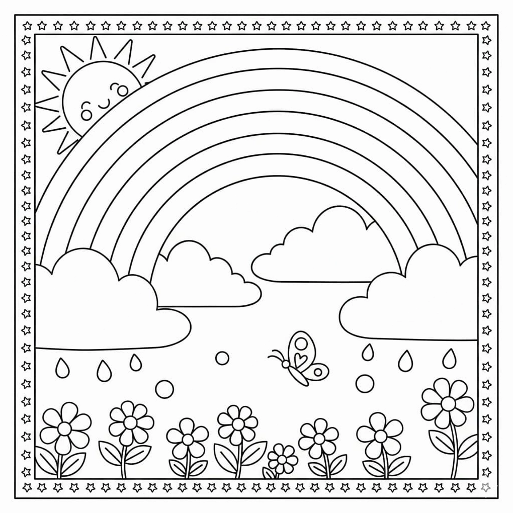 Tranh tô màu cầu vồng sau cơn mưa tươi sáng