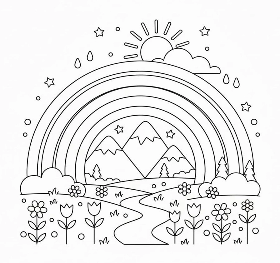 Tranh tô màu cầu vồng trên đồng lúa yên bình