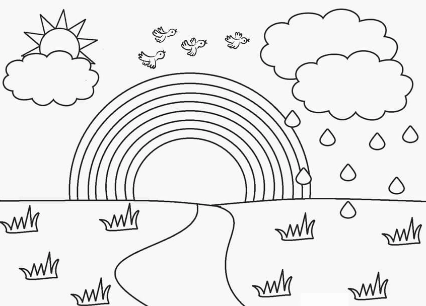 Tranh tô màu cầu vồng và đồng cỏ xanh mướt