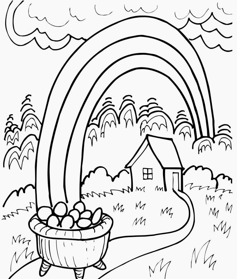 Tranh tô màu cầu vồng và hũ vàng lấp lánh