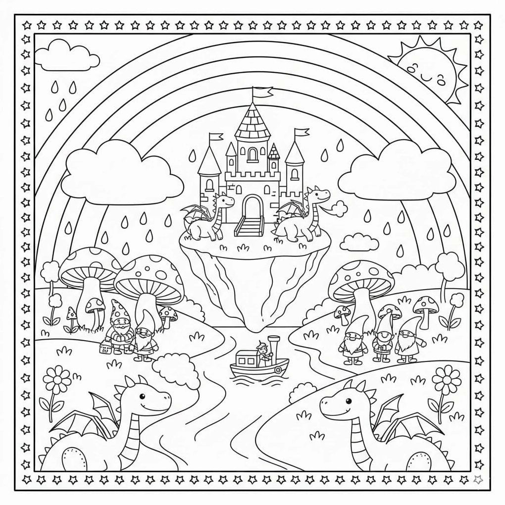 Tranh tô màu cầu vồng và thác nước hùng vĩ