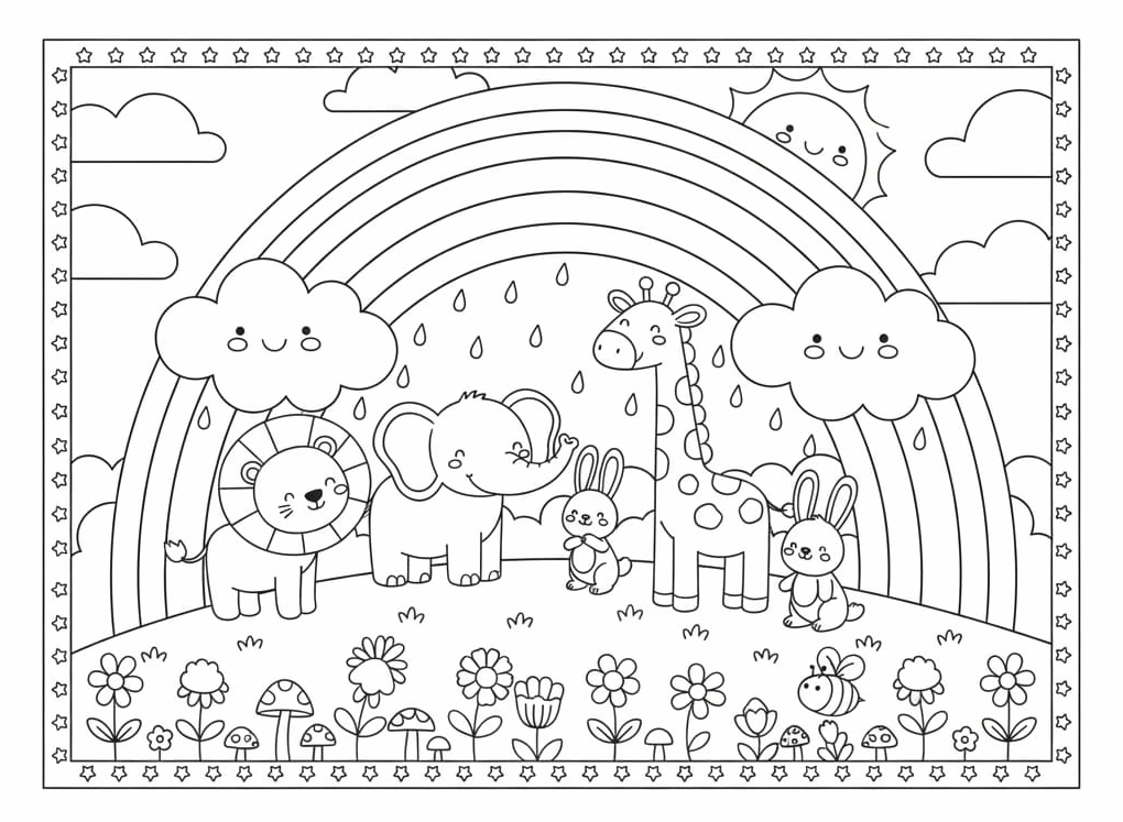 Tranh tô màu cầu vồng và thú nhỏ ngộ nghĩnh