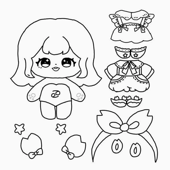 Tranh tô màu cô gái búp bê với váy liền và phụ kiện đơn giản