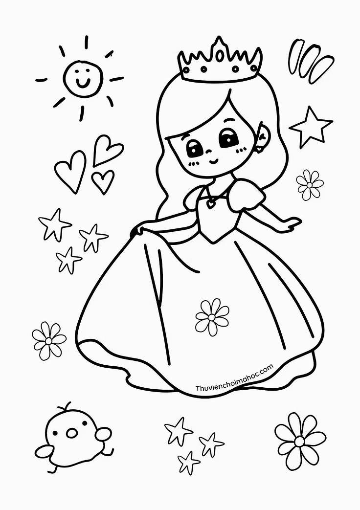 tranh tô màu công chúa thay quần áo đi dạo trong vườn