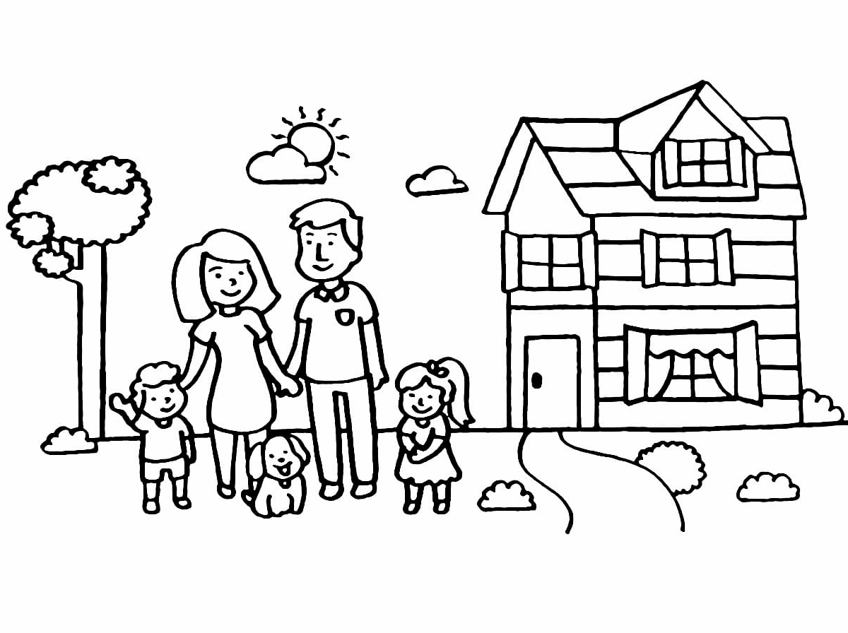 tranh tô màu gia đình và ngôi nhà
