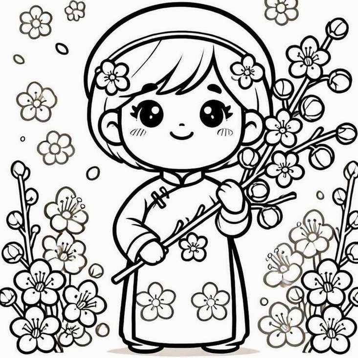 Tranh tô màu hoa đào hoa mai giúp bé hiểu về Tết Việt