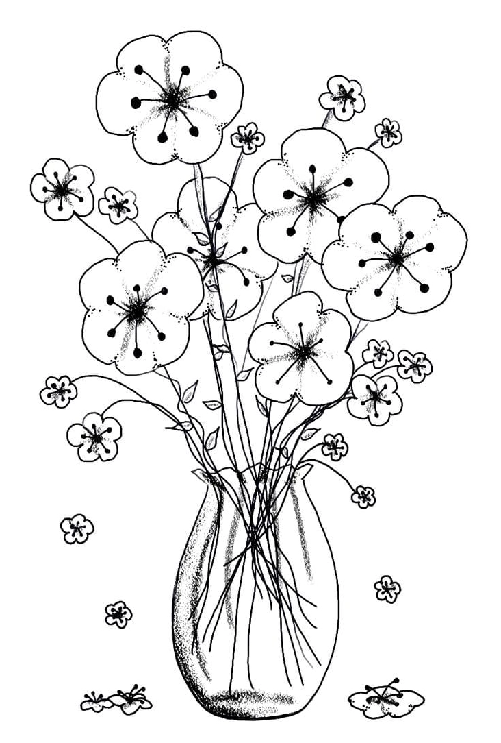 Tranh tô màu hoa mai trong bình cắm sang trọng