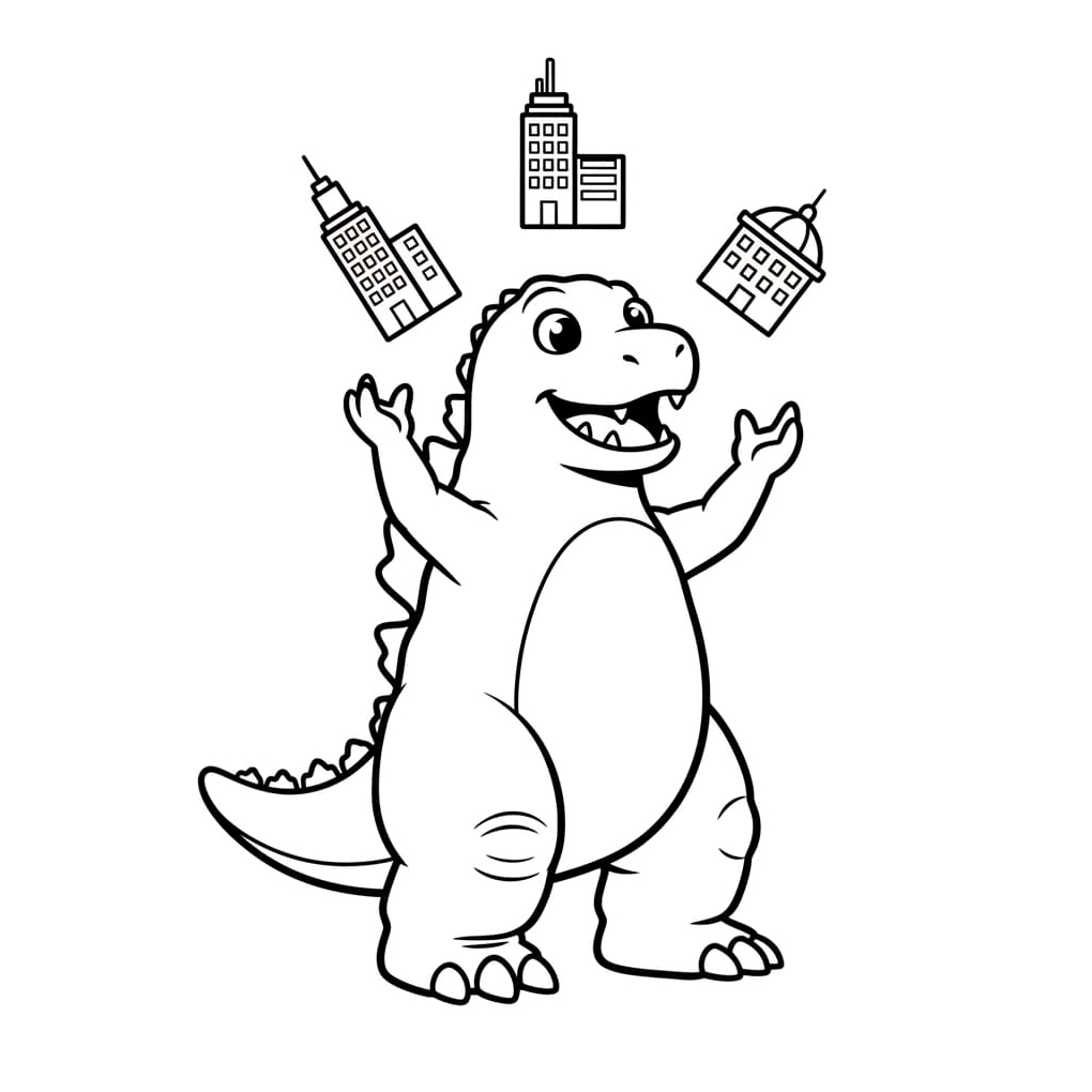 tranh to màu khủng long godzilla bước đi giữa những tòa nhà