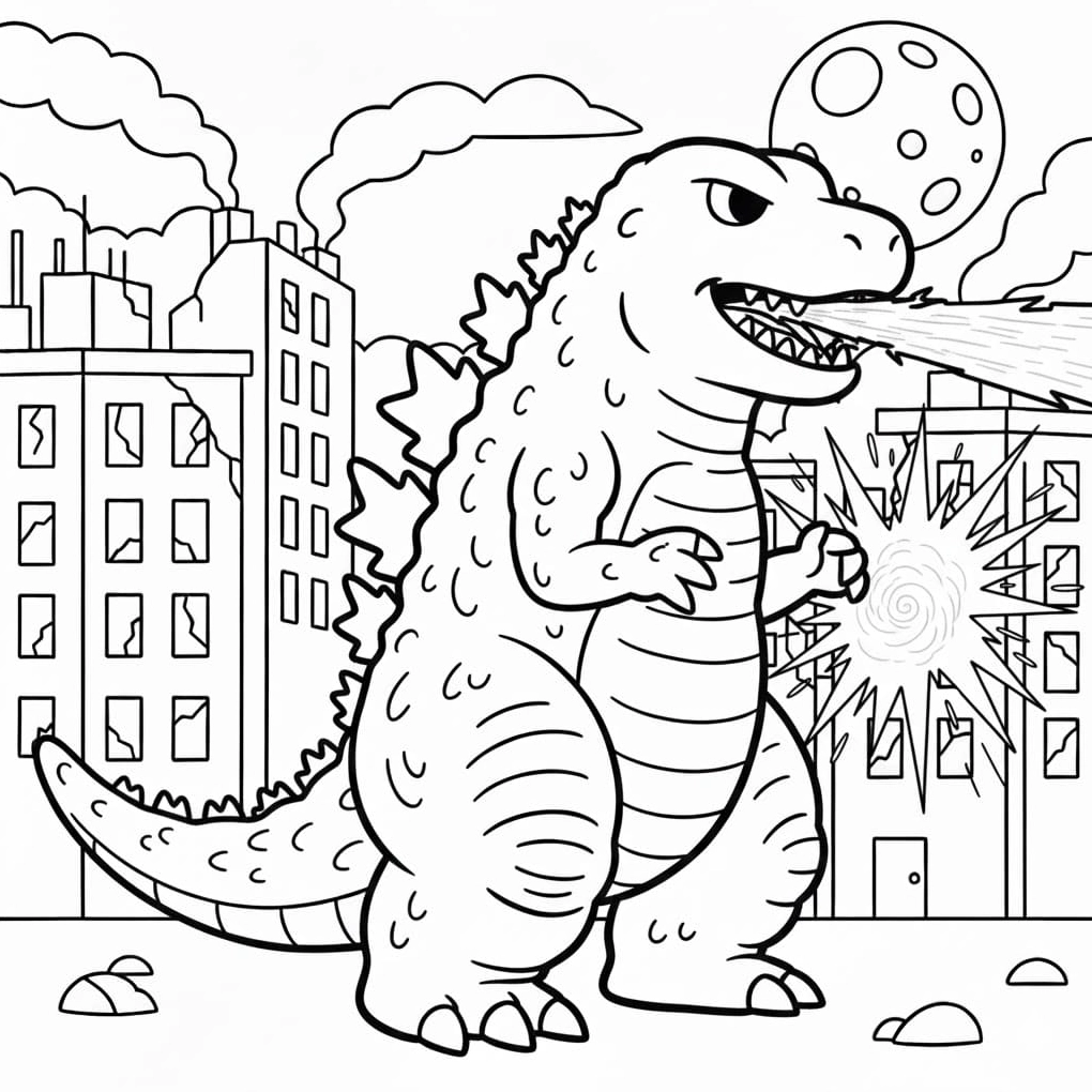 tranh to màu khủng long godzilla đang bắn tia laze hủy diệt