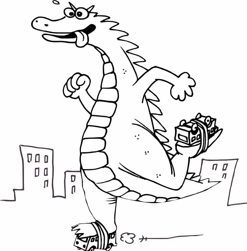 tranh to màu khủng long godzilla đang cười vui vẻ tươi tắn