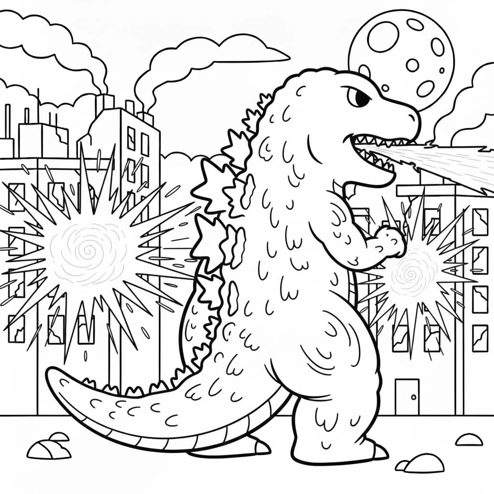 tranh to màu khủng long godzilla đang phá hoại thành phố