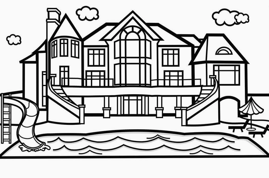 Tranh tô màu ngôi nhà biệt thự góc nhìn hồ bơi mát mẻ phía sau