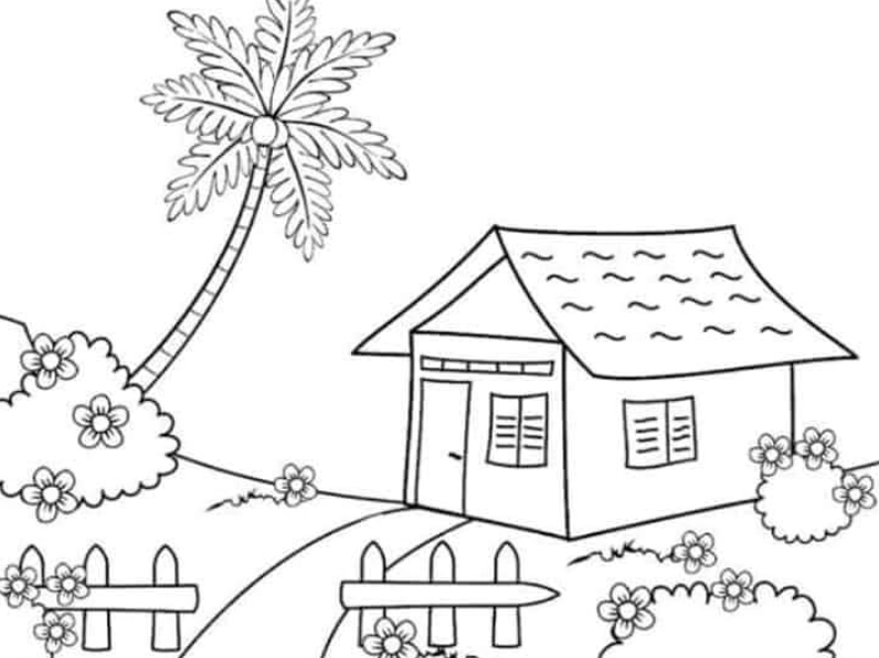 tranh tô màu ngôi nhà cho bé cạnh hồ nước