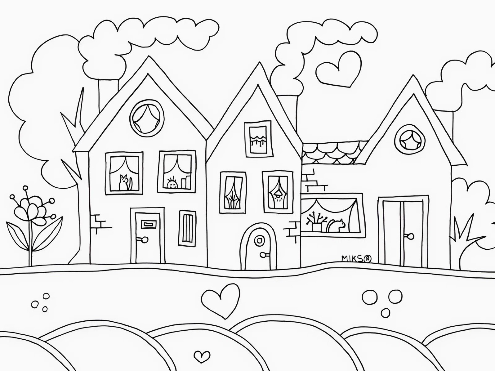 tranh tô màu ngôi nhà cho bé mùa xuân