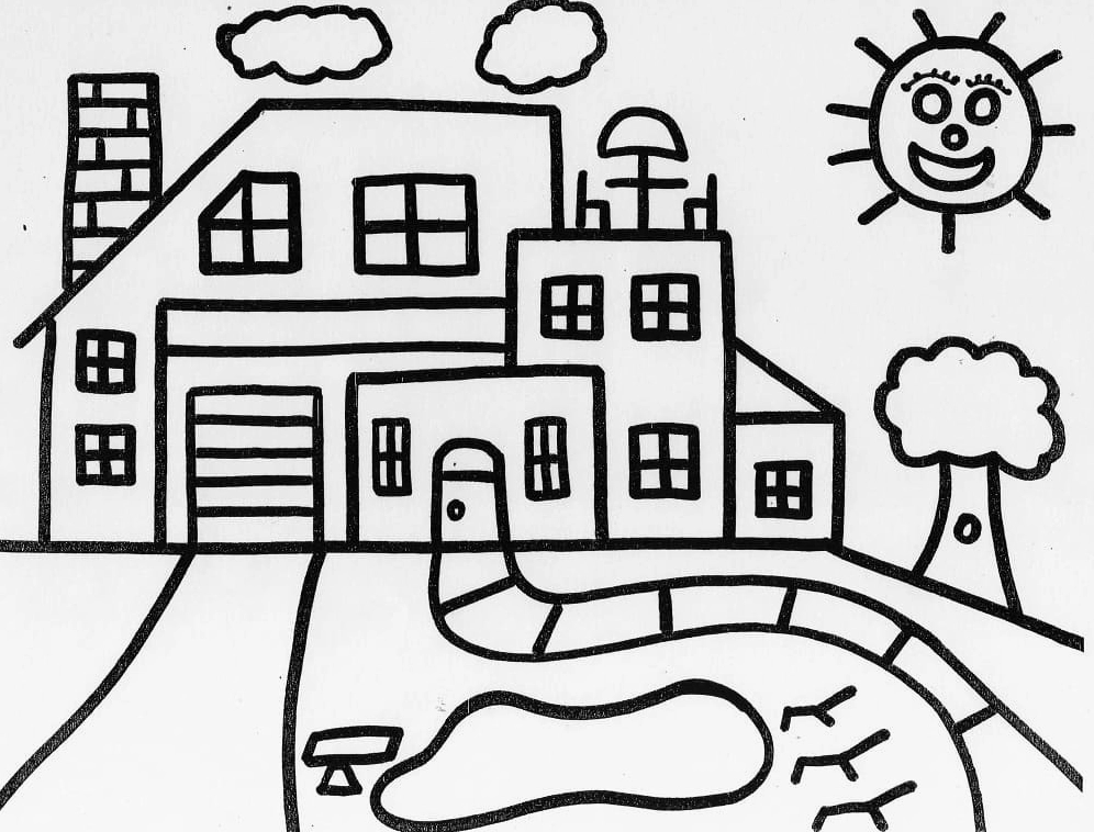 tranh tô màu ngôi nhà và ông mặt trời