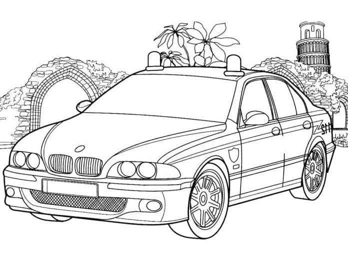 Tranh tô màu ô tô cảnh sát tuần tra trong thành phố