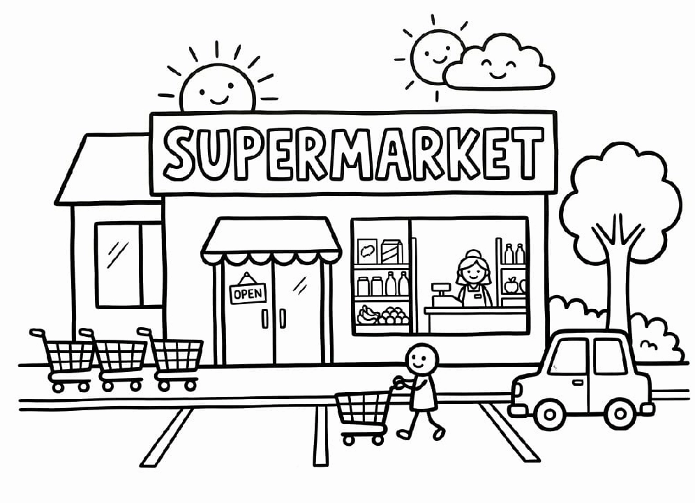 tranh tô màu siêu thị nơi bé cùng mẹ sắm đồ Tết