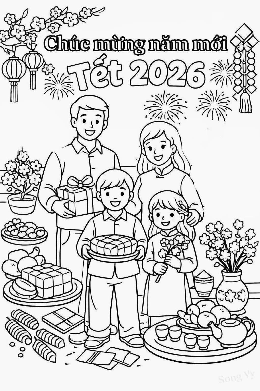 Tranh tô màu tết cho bé chuẩn in ấn