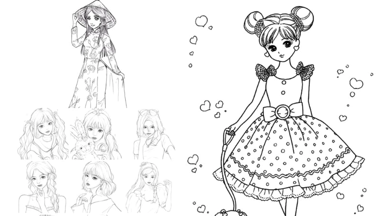 tranh tô màu váy bé gái cận mặt xinh xắn