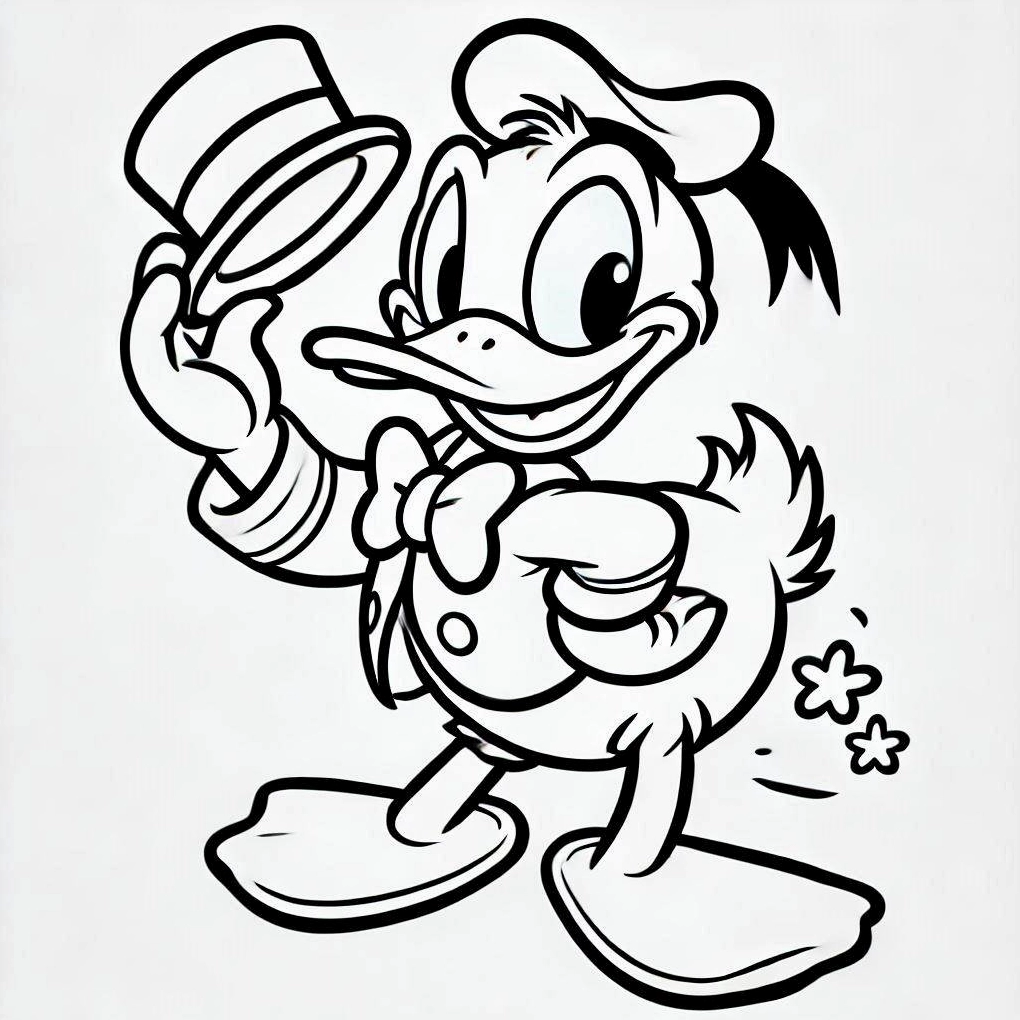 Tranh tô màu vịt donald cầm mũ chào hỏi