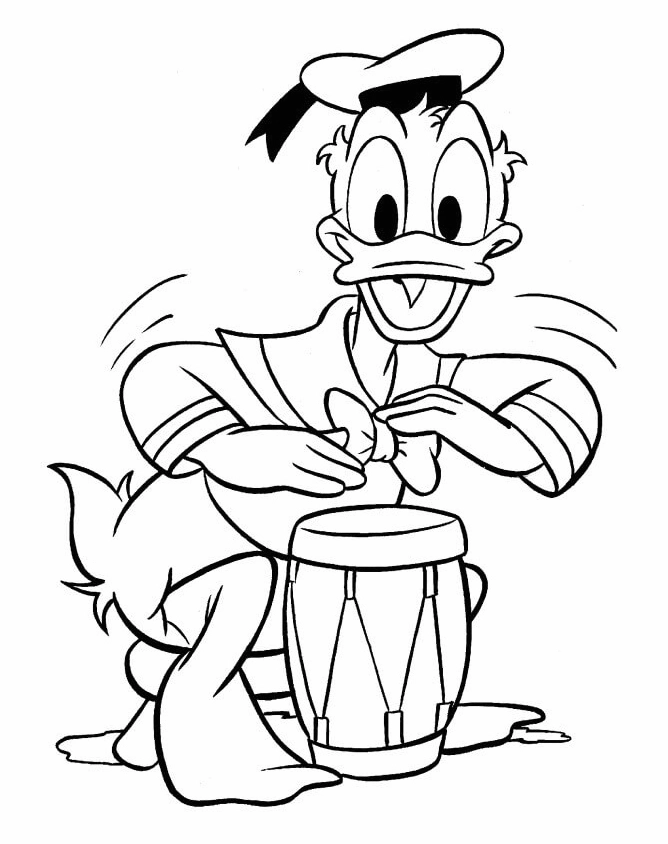 Tranh tô màu vịt donald gõ trống say sưa