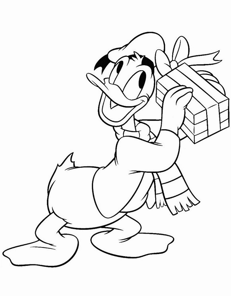 Tranh tô màu vịt donald ôm hộp quà to