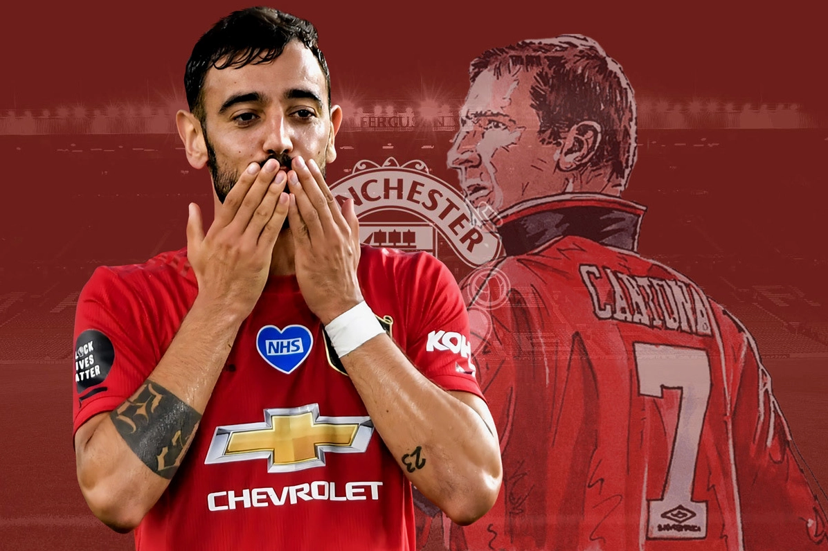 So sánh hình ảnh Bruno Fernandes và huyền thoại Eric Cantona trong màu áo Man Utd