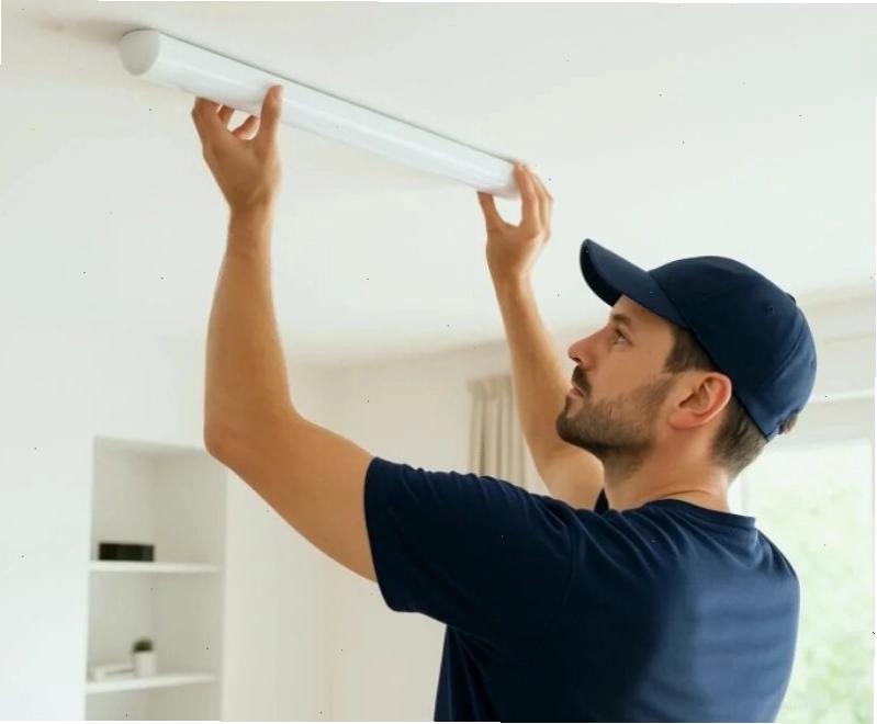 Thợ kỹ thuật đang tiến hành tháo lắp bóng đèn tuýp tại nhà