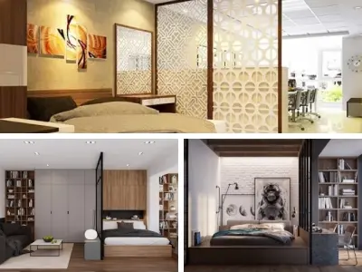 Mẫu vách ngăn phòng ngủ kết hợp kệ trang trí tiện ích