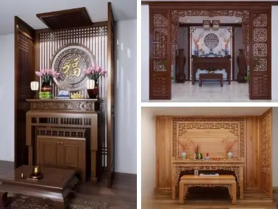 Mẫu vách ngăn phòng thờ gỗ tự nhiên sang trọng, trang nghiêm